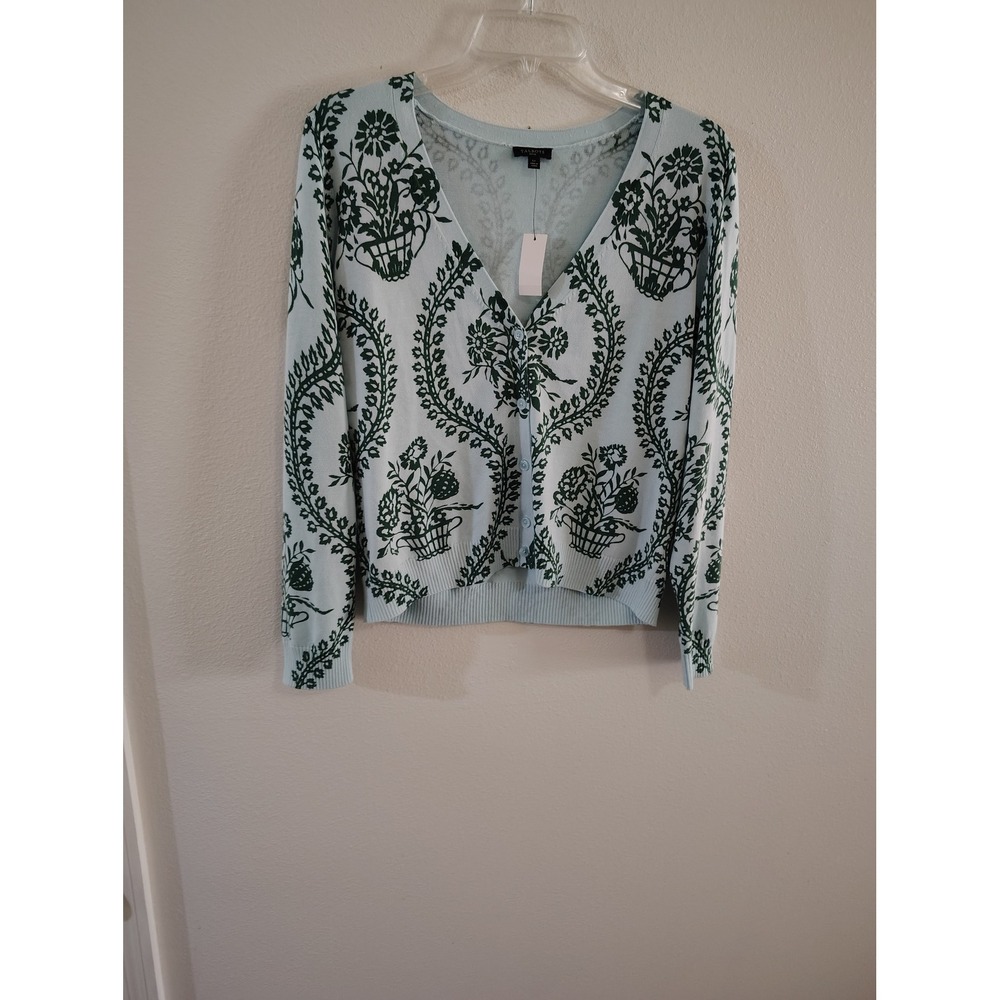 Talbots Petite Cardigan Sweater Blue Green Floral Damask V-Neck LP New